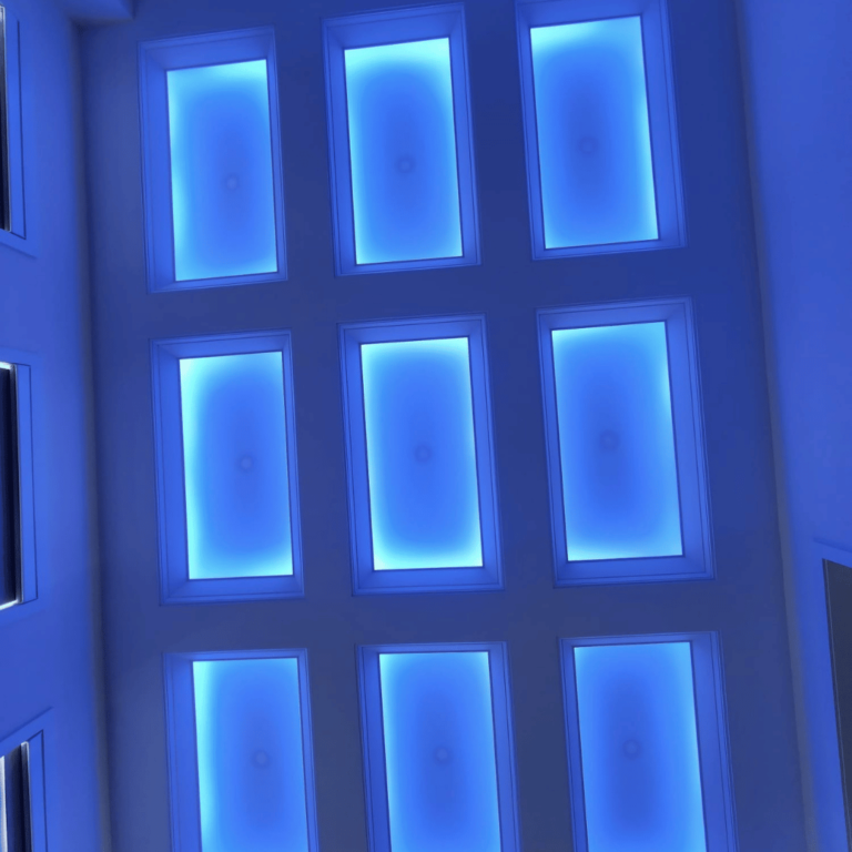Creative ceiling lighting with customizable blue LED accents for a unique vibe.