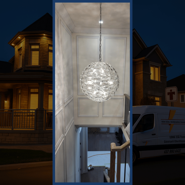 Crystal globe chandelier spreading brilliant light patterns, enhancing stairway elegance.